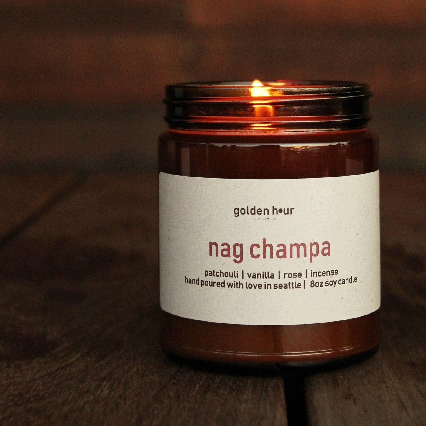 Nag Champa incense scented candle with sandalwood and patchouli notes